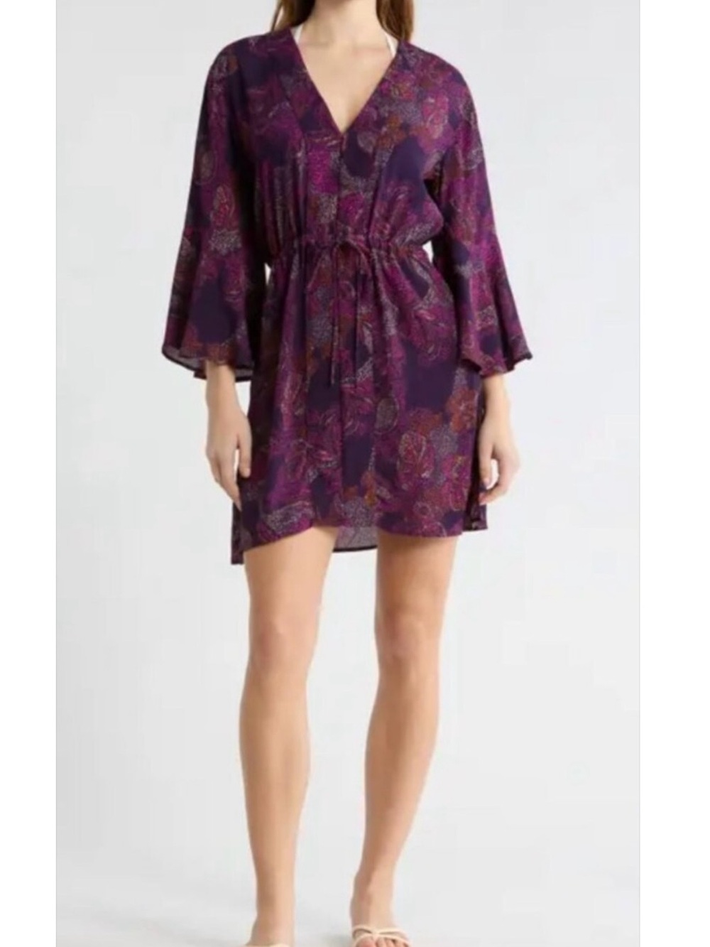 Maaji Purple Enjoyable Floral Drawstring Tie Kaftan Dress Sz S